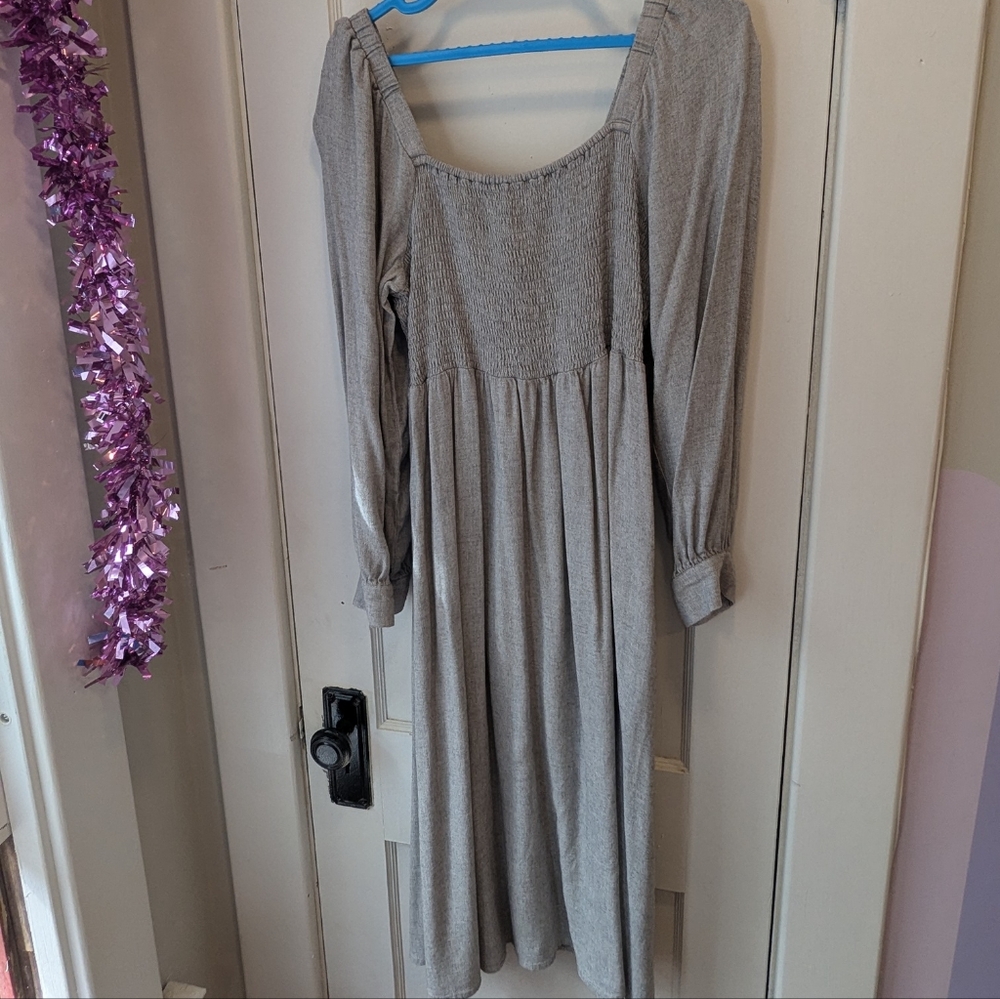 Madewell Gray Lucie Long-sleeve Smocked Midi Dress In Wool Gauze